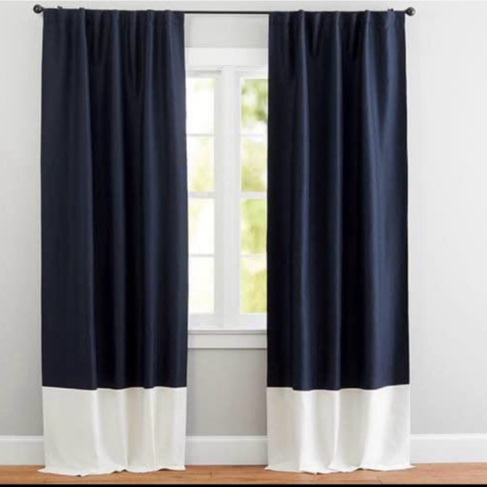 2 Pottery Barn Navy Linen White Silk Border Drape Curtain 3 in 1 Panels 50x84